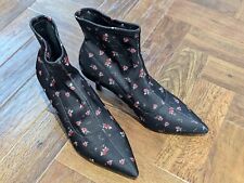 Next Black & Pink Floral Kitten Heel Ankle Sock Boots Shoes  Sz 5