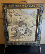 Vintage English Brass Metal Fire Guard Screen Tapestry Farmer, Horses, Hay Wagon