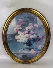 Large Ornate Brass Effect Oval Photo Frame With Floral Print 58 X 47cm