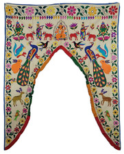 Vintage Aari Door Arch Ganesh Lakshmi Krishna Bird Floral Mirrored Wall Hanging