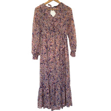 Zara Floral Midi Summer Dress Chiffon Ruffle Trim Laced Up Back Size Small