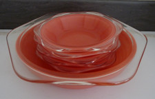 Vintage Phoenix Hexagonal Salmon Pink Serving Bowl 10" & 6 Small Bowls 6.25"