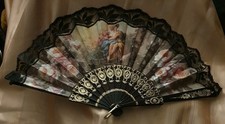 Fabric Fan Black Lace Gold Detail on Plastic Frame 10" Roses Rococo Style Woman