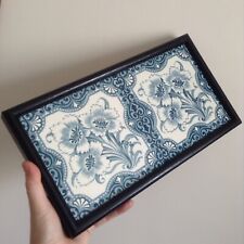 2 Mounted Alfred Meakin Majolica Transfer Blue White Hearth Tiles Heavy Trivet