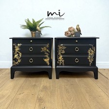 Matt Black Stag Minstrel bedside tables with gold floral and bird design Vintage