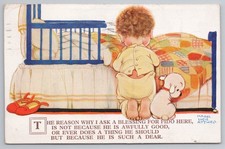 Child praying with toy dog, red slippers, Mabel Lucie Attwell art