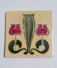 Art Nouveau Majolica Fireplace Tile Pink Tulip Floral On Primrose Yellow 
