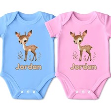 Personalised Woodland Fawn Deer Baby Bodysuit Soft Cotton Infant Grow with Name
