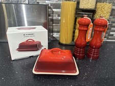 Le Creuset New Cerise Red Butter Dish & Salt & Pepper Mill Set RRP £131
