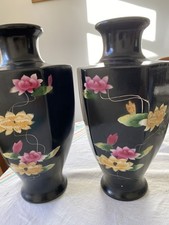 Pair Of Large Black Vase Semi Matt With Glazed Flowers