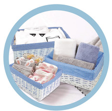 Home Smart White Wicker Storage Basket with Blue Check Liner 43x32x16cm Bathroom