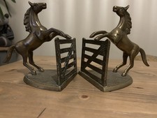 Pair Of Vintage Large Heavy Solid Brass Horse Rearing Fence Unusual Bookends 