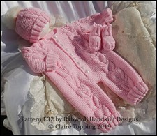 KNITTING PATTERN COSY CABLED ALL IN ONE SET REBORN DOLL 16-22" OR PREM-3M+ BABY