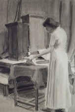 Original Watercolour & Ink ,'Standing Woman reading', Circa 1950's