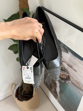 Zara Black Leather Pointed Ballet Flats With Metalic Studs In Size 6 RRP 55.99£