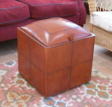 Brown Leather Ottoman Storage Box Cushioned Seat on Castors  46 x 46 x 52cm  VGC