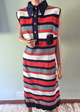 Vintage 1960s 18 20 Red White Blue Striped Crimplene Shirt Dress Mod Retro