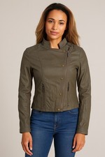 Womens Biker Jacket Faux Leather Cropped Khaki Brown Classic Vintage Motorcycle