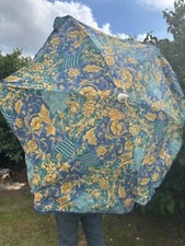 Vintage 1980's Blue / Gold Patterned Garden Umbrella / Parasol - Great!