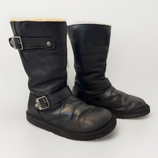 UGG Womens Kensington Black Leather Buckle Sheepskin Mid Moto Boots Size 7 5678