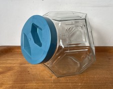 Plast Vintage Hexagonal Clear Glass Jar - Blue Lid - Sweet / Cookie Jar