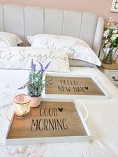 Shabby Chic White Metal Morning Tray With Black Heart Set 2