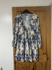 H&M Blue & White Plissé Pleated V-Neck Mini Dress - Size XL (BNWT)