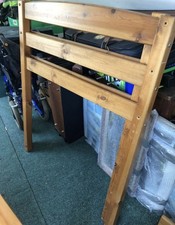 Mid Sleeper Pine Cabin Bed, with desk, cupboard, bookshelf, single mattress.