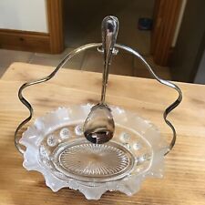 Antique Glass Jam Sugar Dish Vintage Bowl hanging Spoon England silver plate