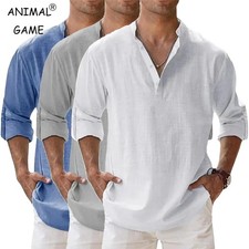 "Men's Cotton Linen Henley