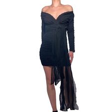 Jacques Azagury Dress UK 10/12 Vintage Black Spot Chiffon Off Shoulder Tie Waist