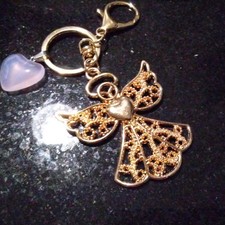 Guardian Angel Keyring, Handbag Charm With  Rose Quartz Heart.  Golden, Large.