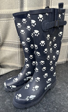 StormWells Ladies Wellington Boots – UK Size 7 – Navy with White Paw Prints