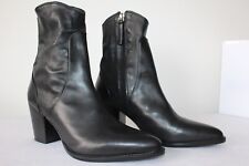 ZARA Women High Heel Cowboy Ankle Boots in Black Leather Zip Side Size 38