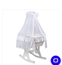 MJ Marks Ophelia Rocking Crib White Wicker Crib with Drapes