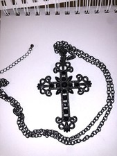 Cross Crucifix Necklace Large Black Metal And Black Jewelled 