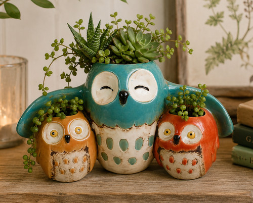 Owl family plant - family, ceramic