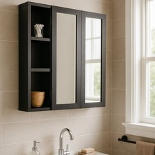 Wall Mounted Bathroom Cabinet with Mirror Doors & Side Shelves – Black
