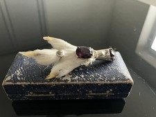 Vintage Scottish Silver Plate Grouse Foot Deer Head Purple Amethyst Brooch Pin