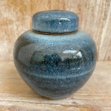 BRIGITTE SPACEY BIANCHETTI STUDIO POTTERY BLUE LIDDED GINGER JAR POT signed