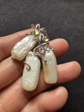 925 Sterling Silver Peridot Garnet Baroque Pearl Big Pendant-12g