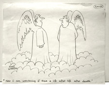 Original signed pen & ink cartoon of two angels talking by Noel Watson, c 2004
