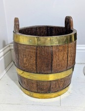 Antique Oak Barrel Bucket Brass Collar For Sticks Logs Wood Plants FREE POSTAGE 