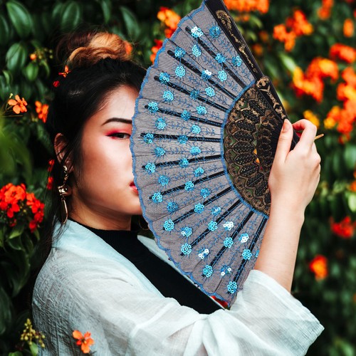Oriental hand folding fan with - oriental,