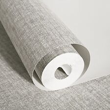 10M Linen Texture Effect Wallpaper Light Grey Plain Woven Textured Wall Paper`UK
