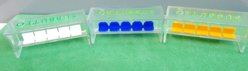 Three subbuteo dugouts wih - wih, 5