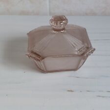 Art Deco Lidded Trinket Dish Box Frosted Clear Glass Pink Vanity Dressing Table