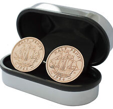LUXURY HALF PENNY COIN CUFFLINK CHOICE OF DATE 1924 - 1967 WITH CHROME CUFFLINK