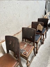 Four Art Deco Antique Leather Solid Oak Dining Chairs Brass Studs
