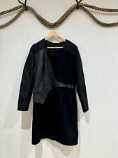 NU Denmark Designer Black Wool & Faux Leather Wrap Duster Trench Coat Size M